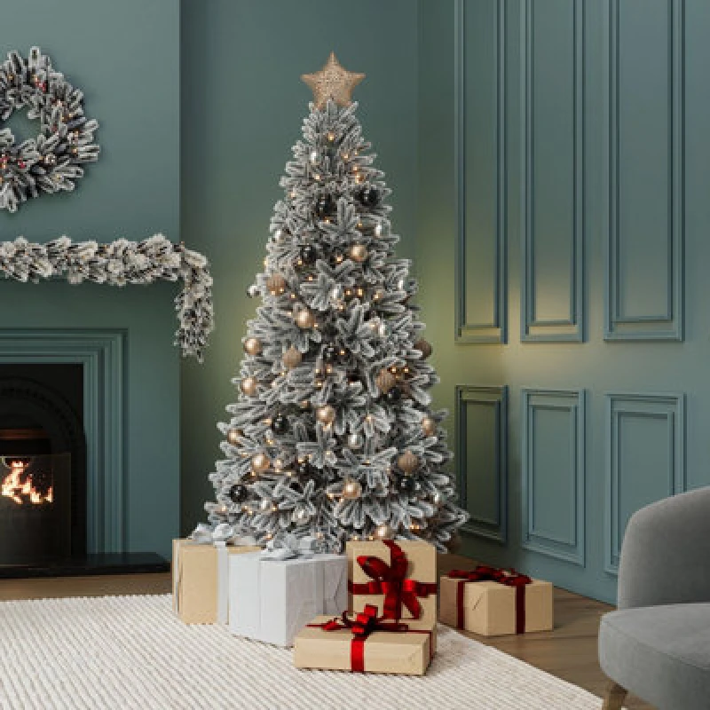 Image of Charles Bentley Luxury 7ft Pre-Lit Faux Hinged Snowy Christmas Tree