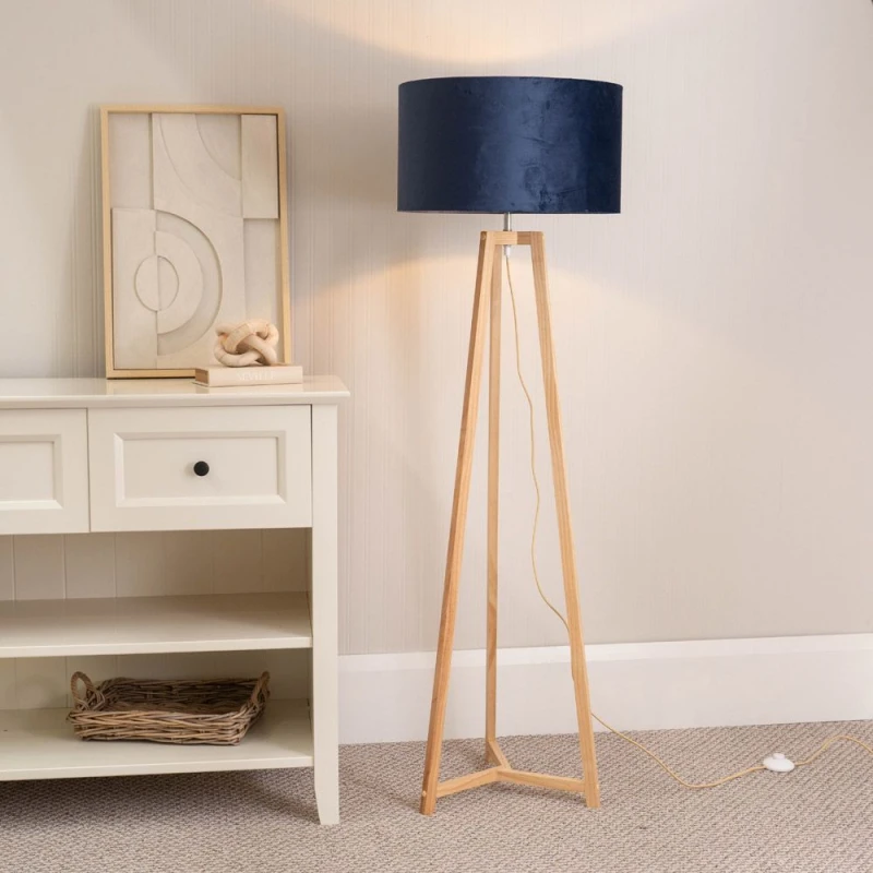 Image of ValueLights Lottie Natural Wood Tripod Floor Lamp with Velvet Drum Shade Blue
