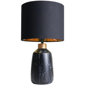 image of Black Marble Effect Table Lamp With Fabric Drum Lampshade - Black & Gold