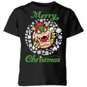 Image of Nintendo Super Mario Bowser Merry Christmas Kid's T-Shirt - Black - 11-12 Years