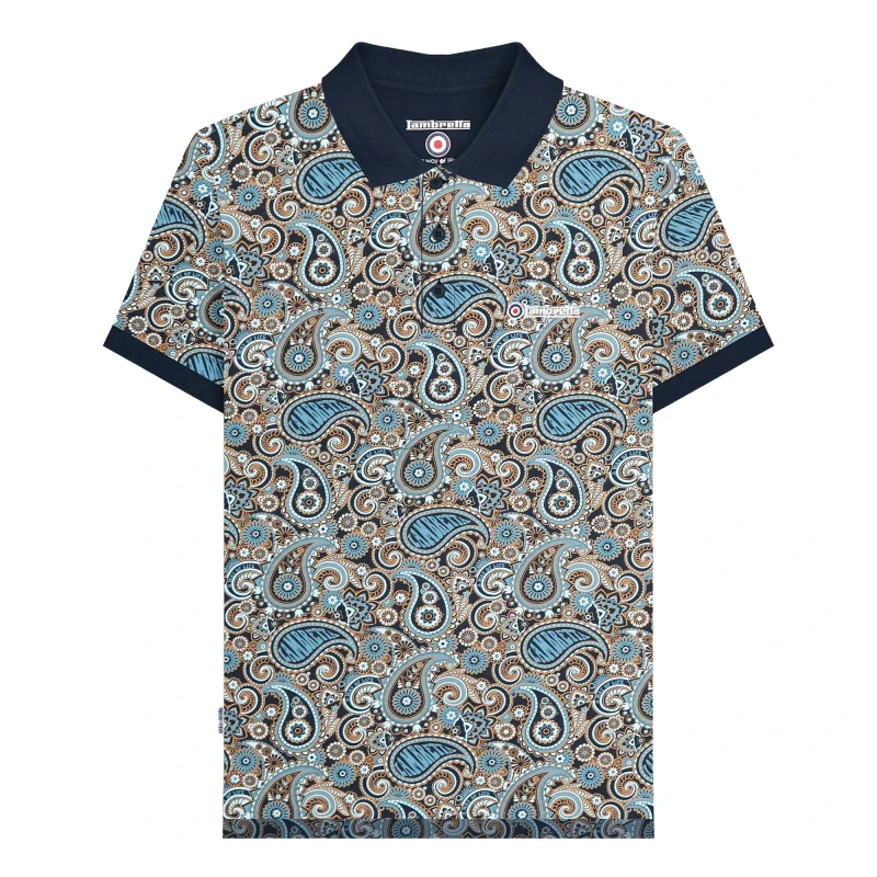 Image of Lambretta Lambretta Men SS25 Paisley Branded Big & Tall Polo Shirt in Navy Size: 3X-Large Navy XXXL Male 5063703813167