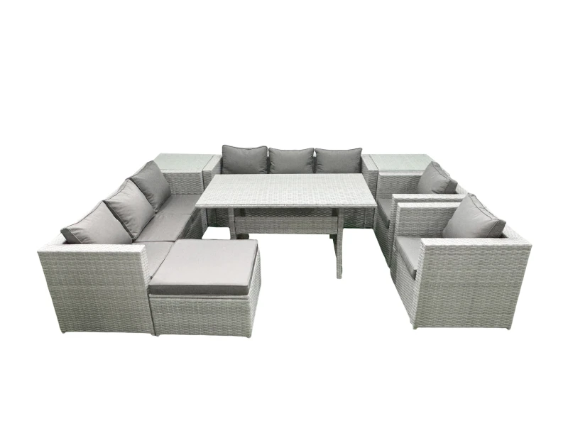 Image of Fimous Rattan Garden Furniture Set Outdoor 8 Seater Patio Dinin g Sofa Sets with Dining Table 2 Chairs 2 Side Tables Big Footstool Light Grey Mixed Li