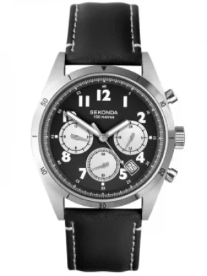 Image of Sekonda Mens Classic Dual-Time Black Dial Leather Strap Watch 1742