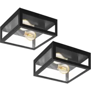 Image of 2 PACK IP44 Outdoor Wall Light Black & Glass Box Twin 60W E27 Porch Lamp