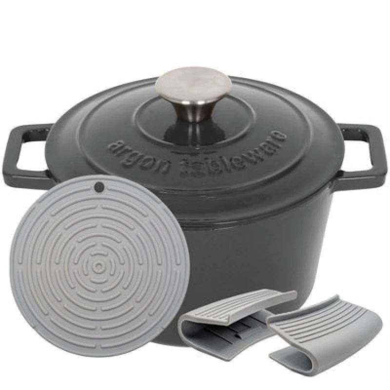 Image of Argon Tableware Round Cast Iron Casserole Dish - 2.8L Slate Grey Enamel Finish, Oven Safe Dutch Oven Cookware With Lid