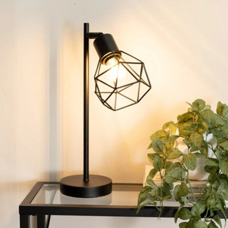 Image of ValueLights Angus Metal Geometric Basket Shade Table Lamp with LED Bulb Black