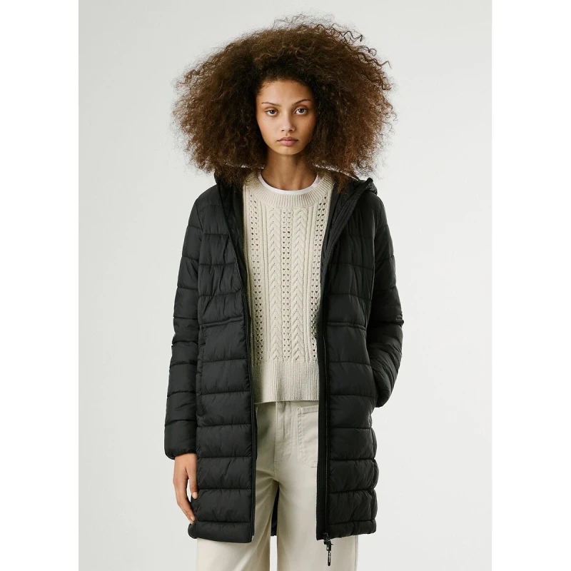 Image of Pepe Jeans Sally Mid-Length Padded Jacket with Hood Black Polyamide M