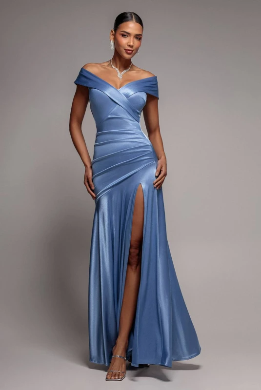 Image of Goddiva Womens Satin Off-Shoulder Pleated Maxi Dress in Light Blue Size: 12 Light Blue Female 12