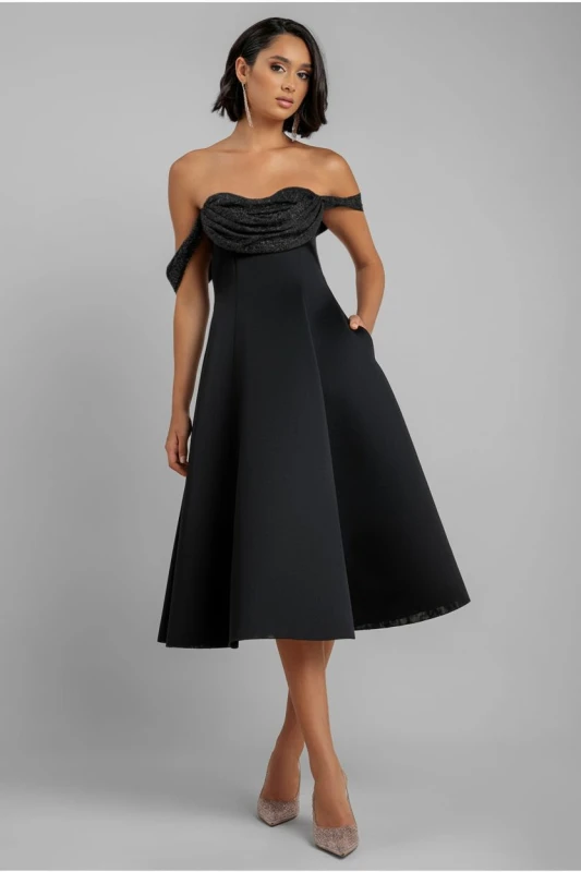 Image of Goddiva Womens Sparkle Chiffon Cowl Bardot Skater Midi Dress in Black Size: 12 Black Female 12