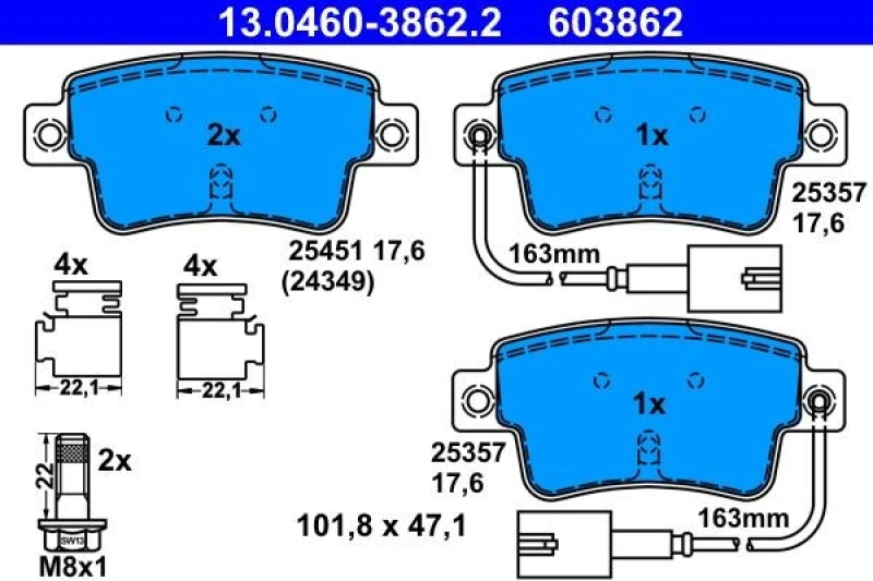 Image of ATE 13.0460-3862.2 Brake pad set incl. wear warning contact, with accessories, with brake caliper screws Brake Pad Set,disc brake (402)