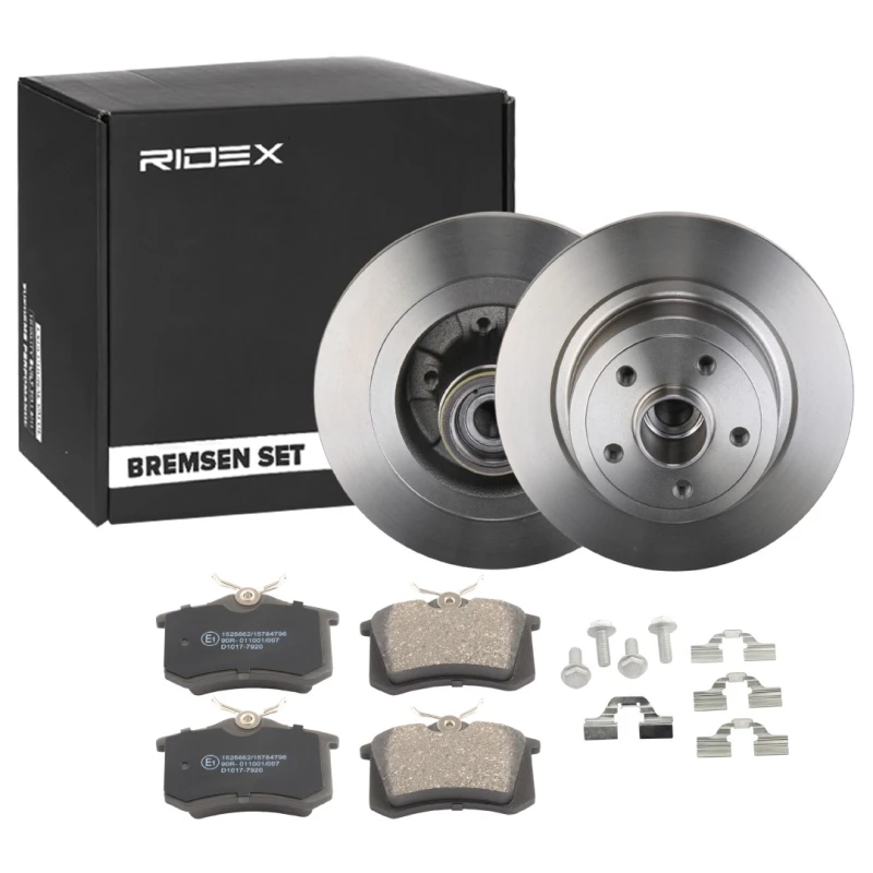 Image of RIDEX 3405B1771 Brake disc and pads set Rear Axle, Brake Disc Type: Solid, excl. wear warning contact Brake Set,disc brakes (3405)