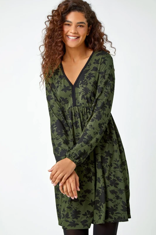 Image of Roman Floral Contrast Trim Stretch Dress Khaki