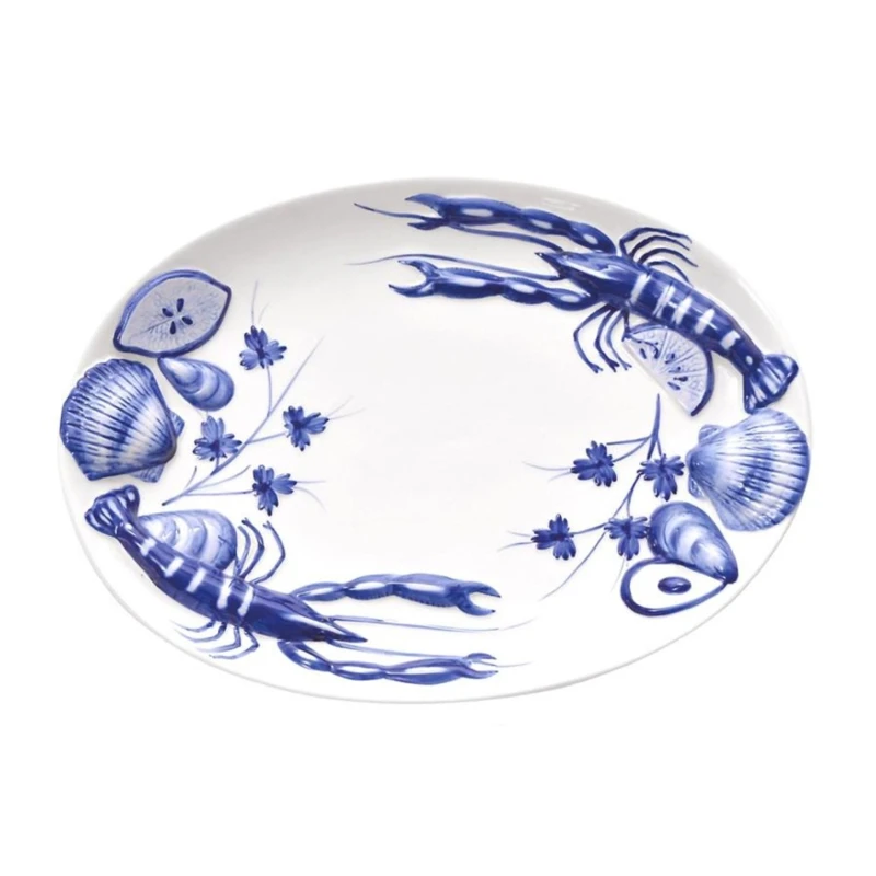 Image of Verano Spanish Ceramics Coastal Ceramics Hand Painted Kitchen Dining Table Decor Sea Shell Oval Serving Dish 40cm (L) x 30cm (W) White Unisex 40cm (L