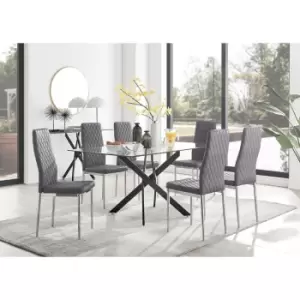 Image of Furniturebox UK - Furniturebox Leonardo 6 Black Leg Glass Dining Table and 6 Grey Milan Velvet Dining Chairs Diamond Stitch Modern Contemporary