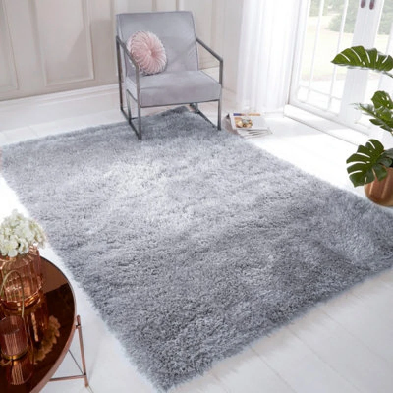 Image of Silver Plain Shaggy Handmade Sparkle Easy To Clean Rug For Dining Room Bedroom And Living Room-120Cm X 170Cm