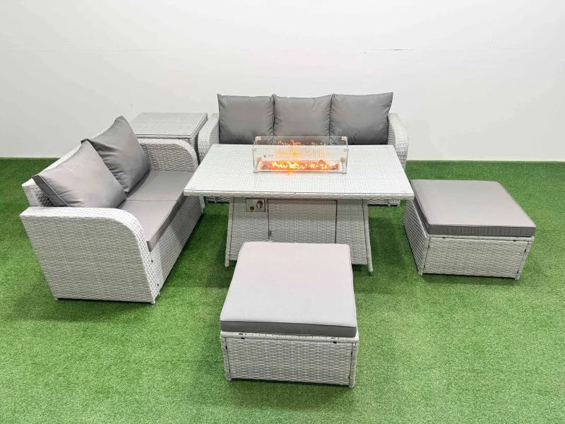 Image of Fimous 7 Seater PE Rattan Wicker Garden Furniture Patio Conservatory Sofa Set with Firepit Dining Table 3 Seater Sofa Love Sofa 2 Big Footstool Side T