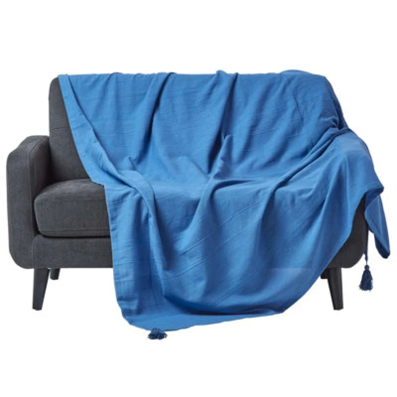 Image of Homescapes Cotton Rajput Ribbed Blue Throw, 150 X 200 Cm