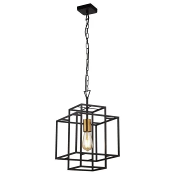 image of Searchlight CRATE - 1 Light Black Frame Cage Ceiling Pendant with Bronze Lampholder