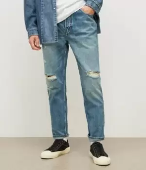 Image of AllSaints Mens Jack Damaged Cropped Tapered Jeans, Mid Indigo, Size: 34