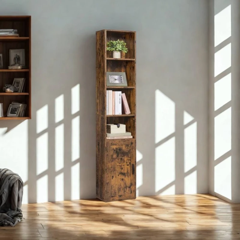 Image of Pirlo Plush Adjustable Tall Free Standing Bookcase Shelf For Living Room Storage in Brown Brown Unisex