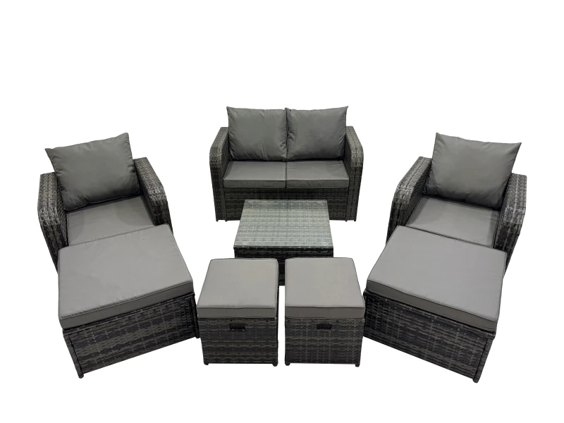 Image of Fimous Love Sofa Reclining Chair Square Coffee Table Set with 4 Stools in Dark Grey Dark Grey Unisex