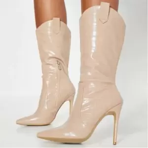 Image of I Saw It First Western Detail Stiletto Mock Croc Faux Leather Ankle Boots - Neutral