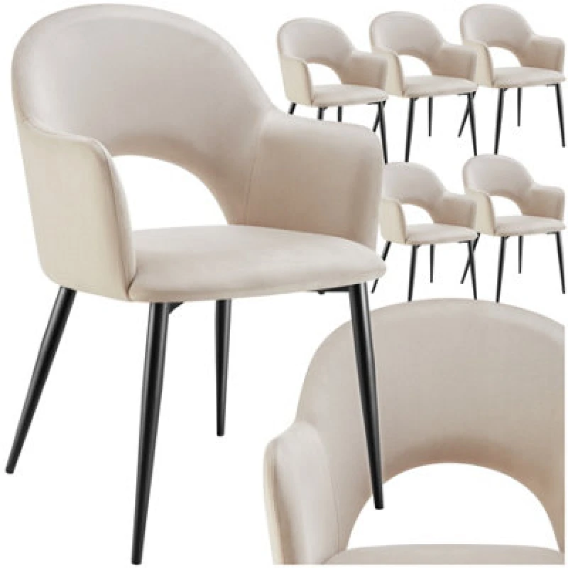 Image of Tectake Set Of 6 Dining Chair Sasha- Padded Armchair In Velvet Look, Continuous Backrest - Cream
