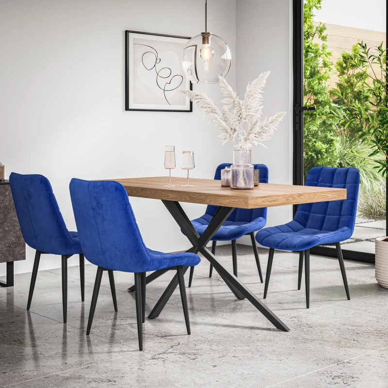Image of More4Homes Donni Dining Table And Chairs - Oak Effect Table Top W Black Legs + Nova Velvet Dining Chair Set Of 4 (Blue)