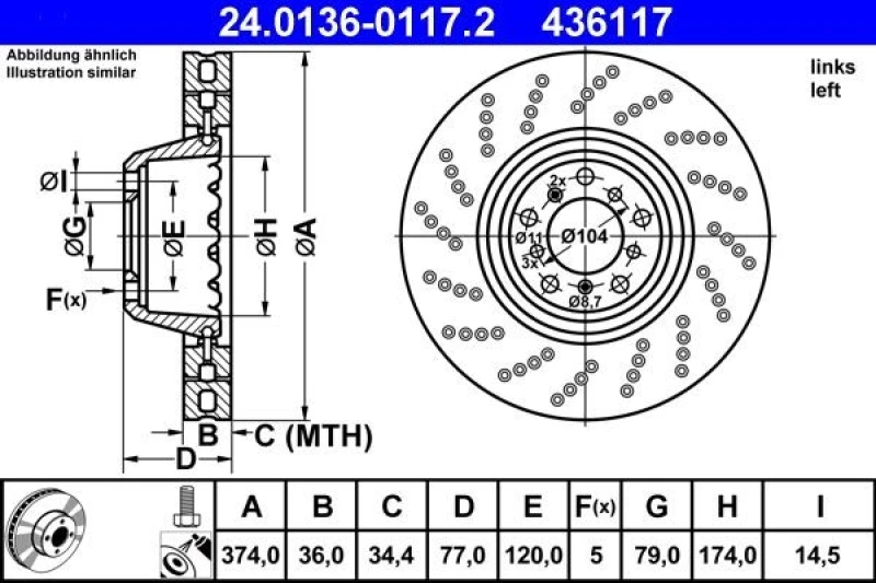 Image of ATE 24.0136-0117.2 Brake disc perforated/vented, Coated, High-carbon, with bolts/screws Brake Disc (82)
