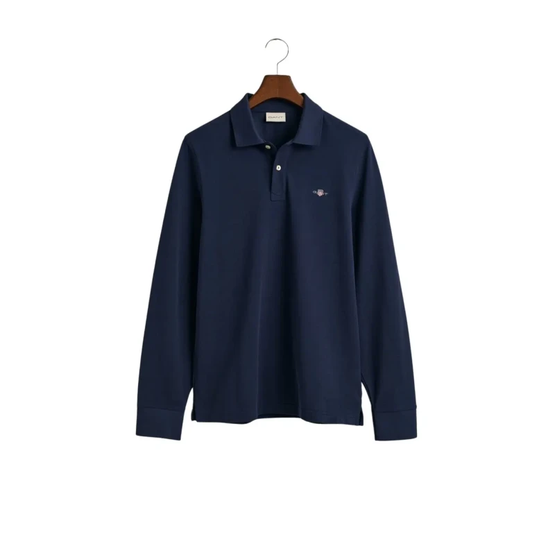 Image of Gant Regular Shield Longsleeved Pique Polo Shirt Evening Blue S