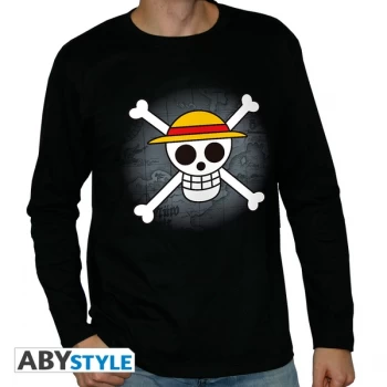 Image of One Piece - Skull With Map Mens Large Long Sleeve T-Shirt - Black