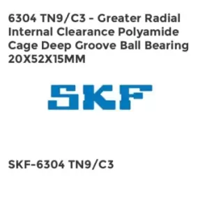 image of 6304 TN9/C3 - Greater Radial Internal Clearance Polyamide Cage Deep Groove Ball Bearing 20X52X15MM