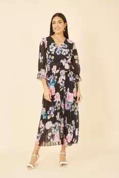 image of Black Floral Pleated Wrap Midi Dress