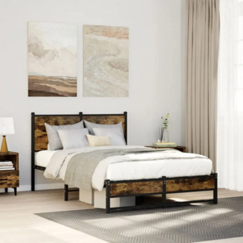 Image of Vidaxl Metal Bed Frame Without Mattress Smoked Oak 120X190 Cm Small Double
