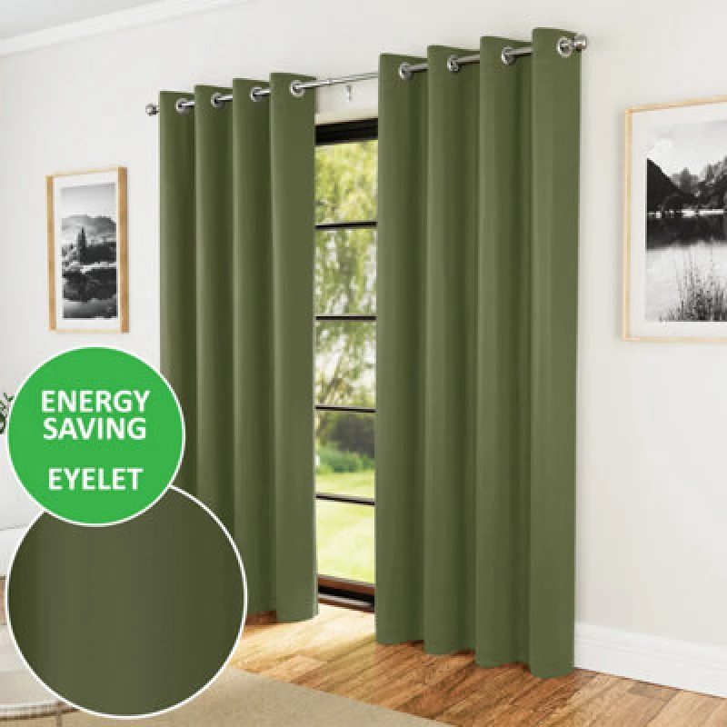 Image of Enhanced Living Nightfall Plain Supersoft Olive Green Thermal Blockout Eyelet Curtains (Pair) - 46 X 54" (117 X 137Cm)