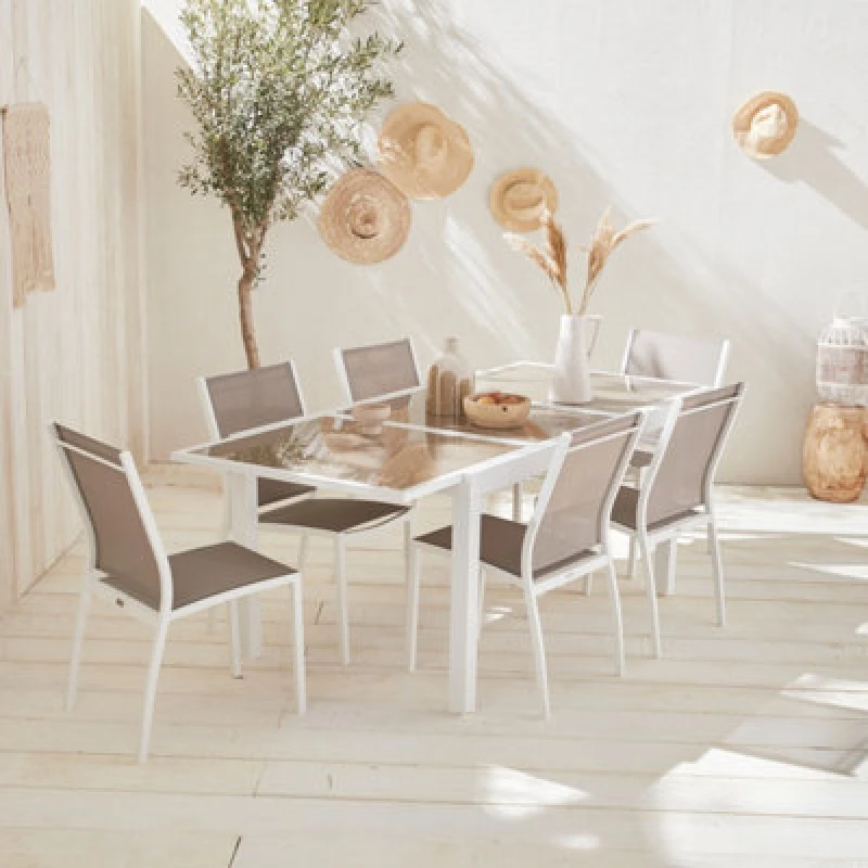 Image of Sweeek - 6-Seater Extendable Aluminium Garden Table Set With Chairs White 210X90X75cm - Orlando