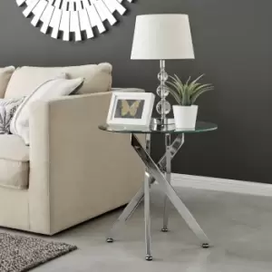 Image of Novara Round Tempered Glass Side End Table with Angled Starburst Metal Legs for Modern Glam Minimalist Living Room