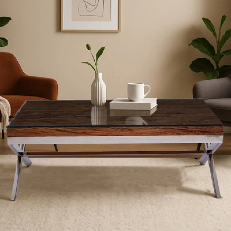 Image of Orsina Natural Wood Coffee Table With Cross Base Design, Rectangular Wooden Table For Livingroom, Solid Mango Wood