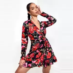 Missguided Ruffle Hem Wrap Tea Dress Ls Floral - Black