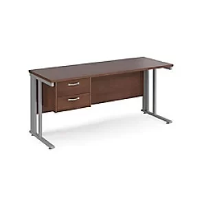 Image of Rectangular Straight Desk Walnut Wood Cable Managed Legs Silver Maestro 25 1600 x 600 x 725mm 2 Drawer Pedestal