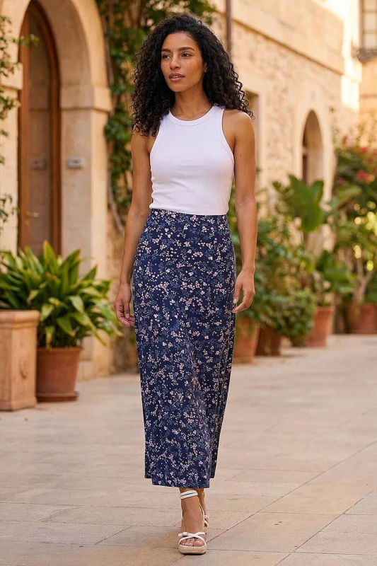 Image of Roman Womens Floral Print Elastic Waist Midi Stretch Skirt in Navy Size: 20 Navy Female 20