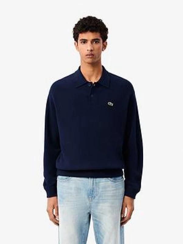 Image of Lacoste Relaxed Fit Polo Jumper in Carded Wool Navy Blue Men L;XL