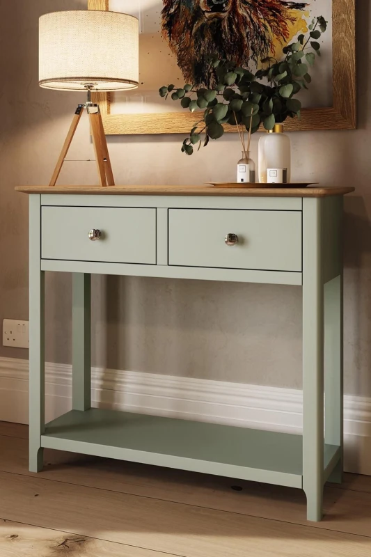 Image of FWStyle Solid Oak 2 Drawer Console Table Sage Green Large Oak Top Painted Finish Green