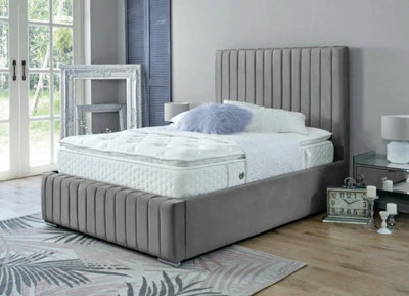 Image of Ds Living Savoy Upholstered Soft Touch Grey Velvet Panel Design Bed Frame 6ft