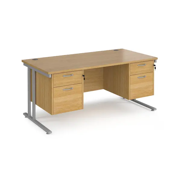 image of Maestro 25 straight desk 1600mm x 800mm with two x 2 drawer pedestals - silver cantilever leg frame, oak top