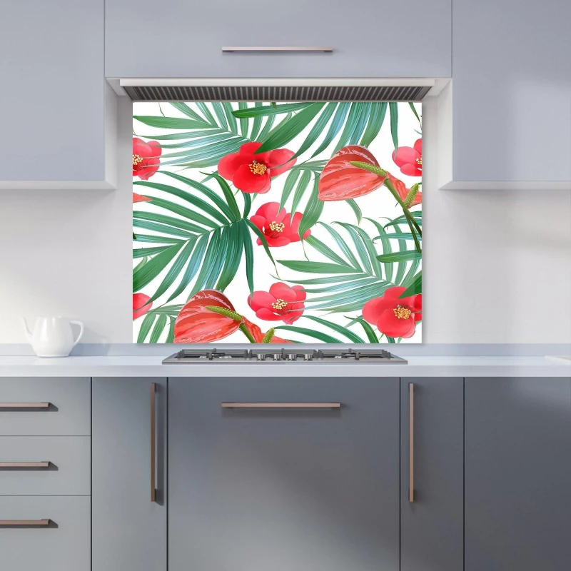 Image of Warren Reed - Designer Tropical Flowers, Palm Leaves Hawaiian Kitchen Splashback in Green Size: 600mm x 750mm Green Unisex 600mm x 750mm