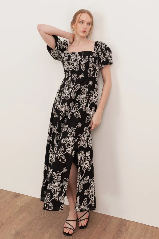 Image of Lovedrobe Womens Embroidered Short Sleeve Square Neck Midaxi Dress in Black Size: 12 Black Female 12