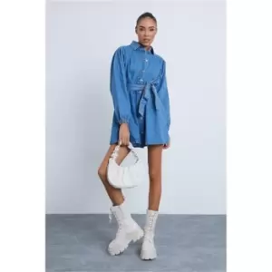 image of I Saw It First Mid Wash Puff Sleeve Belted Shirt Dress - Blue