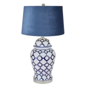 image of Acanthus Blue And White Ceramic Lamp With Blue Velvet Shade