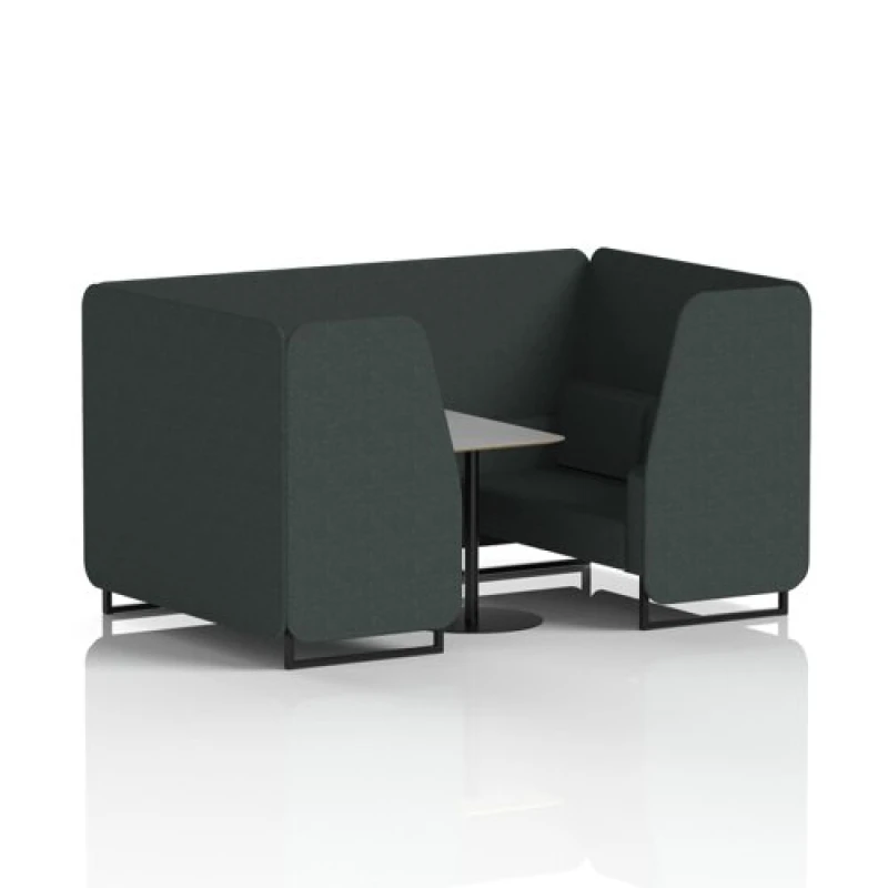Image of Brixworth 4 Seater Office Booth with Front Panel - Black Legs and Grey Table with Black Leg in Rivet Fabric - Charcoal Panels and Sofa